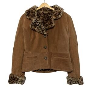 Brown Faux Suede Jacket with Leopard Faux Fur Trim